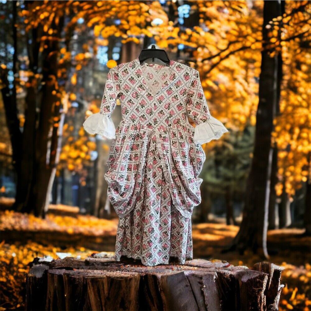 Girls 8/10? Colonial Prairie Calico Costume Handmade Dress‎ Side Bustles Cottage